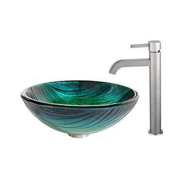 Nei Glass Vessel Sink in Green with Ramus Faucet in Satin Nickel