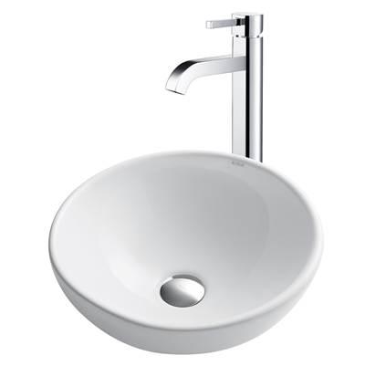 16-inch Round White Porcelain Ceramic Bathroom Vessel Sink and RamusE Faucet Combo Set with Pop-Up Drain, Chrome Finish by Kraus