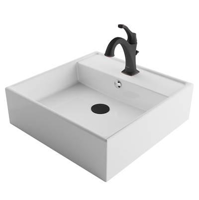 ElavoE 18 1/2-inch Square White Porcelain Ceramic Bathroom Vessel Sink with Overflow and Matte Black ArloE Faucet Combo Set with Lift Rod Drain by Kraus