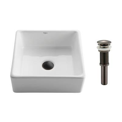 Square Ceramic Vessel Bathroom Sink in White with Pop-Up Drain in Oil Rubbed Bronze by Kraus
