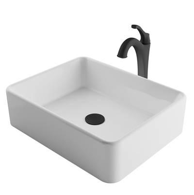 ElavoE 19-inch Modern Rectangular White Porcelain Ceramic Bathroom Vessel Sink and Matte Black ArloE Faucet Combo Set with Pop-Up Drain