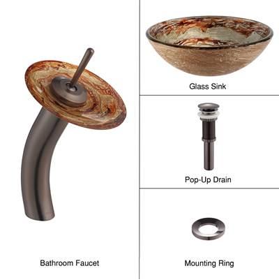 Ares Glass Vessel Sink in Gold with Single Hole Single-Handle Waterfall Faucet in Oil Rubbed Bronze by Kraus