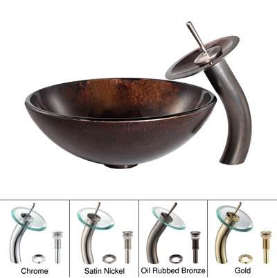Pluto Glass Vessel Sink in Brown with Waterfall Faucet in Oil Rubbed Bronze by Kraus
