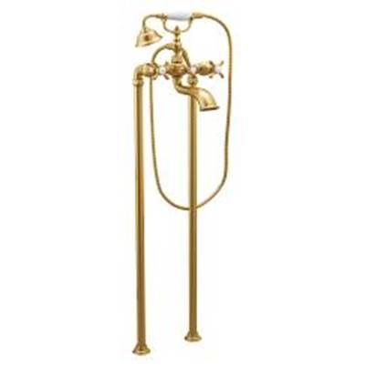 Brushed gold two-handle tub filler includes hand shower by Moen