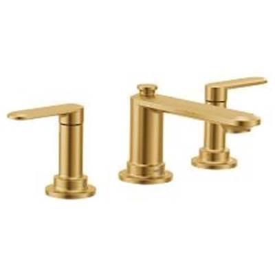Brushed gold two-handle bathroom faucet by Moen