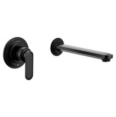 Matte black one-handle tub filler by Moen