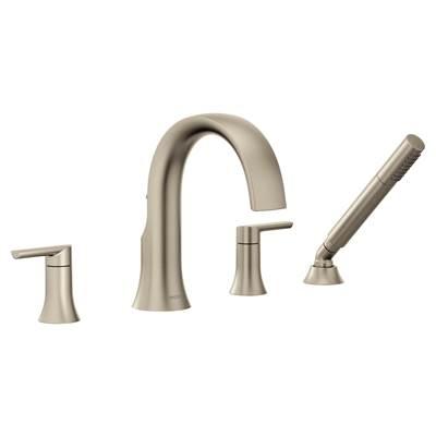 Doux 2-Handle Deck Mount Roman Tub Faucet Trim Kit with Hand shower in Brushed Nickel (Valve Sold Separately) by Moen