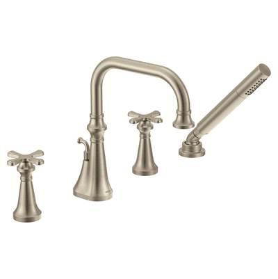 Colinet Two Handle Deck-Mount Roman Tub Faucet Trim with Cross Handles and Handshower, Valve Required, in Brushed Nickel