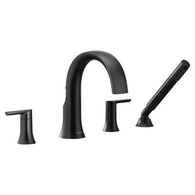 Doux 2-Handle Deck Mount Roman Tub Faucet Trim Kit with Hand shower in Matte Black (Valve Sold Separately) by Moen