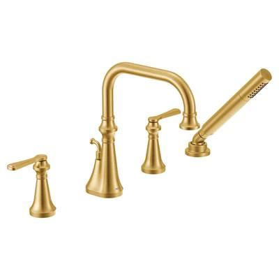 Colinet Two Handle Deck-Mount Roman Tub Faucet Trim with Lever Handles and Handshower, Valve Required, in Brushed Gold by Moen