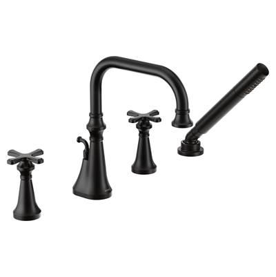 Colinet Two Handle Deck-Mount Roman Tub Faucet Trim with Cross Handles and Handshower, Valve Required, in Matte Black