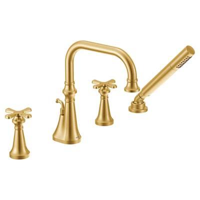 Colinet Two Handle Deck-Mount Roman Tub Faucet Trim with Cross Handles and Handshower, Valve Required, in Brushed Gold