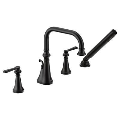 Colinet Two Handle Deck-Mount Roman Tub Faucet Trim with Lever Handles and Handshower, Valve Required, in Matte Black by Moen