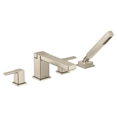 90 Degree Two-Handle Deck Mount Roman Tub Faucet Trim Kit, Valve Required, Including Single Function Handshower, Brushed Nickel by Moen