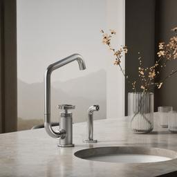 BilletE Single-handle kitchen sink faucet with two-function extended-reach spout and side sprayer - image 2