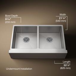 Kohler Strive Kitchen Sink | 35-1/2" | Undermount Farmhouse | Double-Equal-Bowl | SilentShield - Stainless Steel - image 3