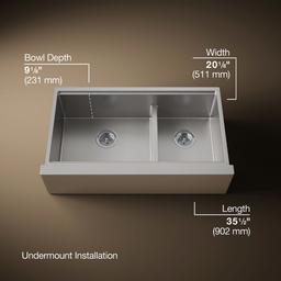 Kohler Strive Kitchen Sink | 35-1/2" | Undermount Farmhouse | Double-Equal-Bowl | Smart Divide - Stainless Steel - image 3