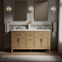 HadronE 60'' bathroom vanity cabinet with sinks and quartz top - Light Oak - image 2