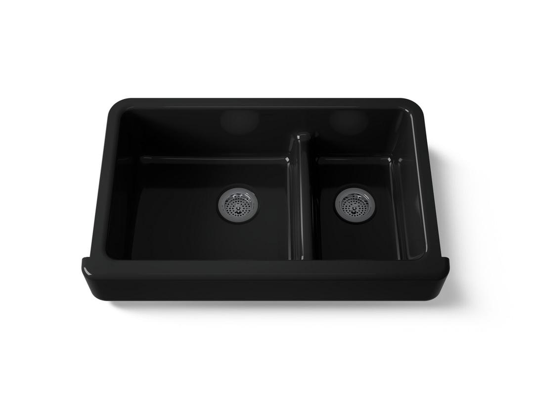 Whitehaven Smart Divide 35-1/2'' undermount double-bowl farmhouse kitchen sink with short apron - Black by Kohler