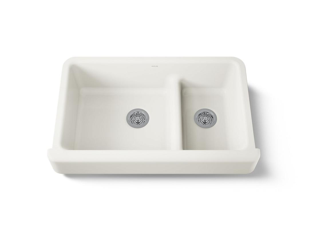Whitehaven Smart Divide 35-1/2'' undermount double-bowl farmhouse kitchen sink with short apron - Biscuit by Kohler