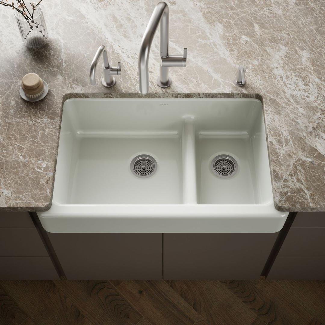 Whitehaven Smart Divide 35-1/2'' undermount double-bowl farmhouse kitchen sink with short apron - Sea Salt by Kohler