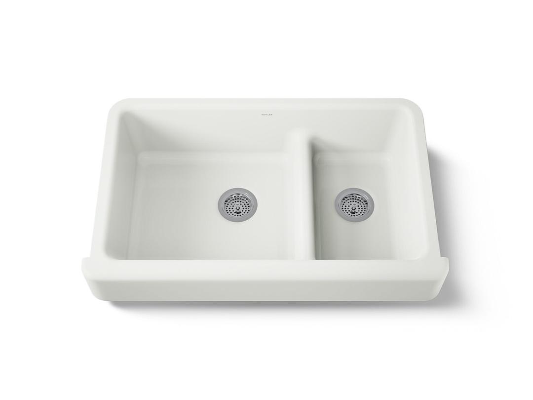 Whitehaven Smart Divide 35-1/2'' undermount double-bowl farmhouse kitchen sink with short apron - Dune by Kohler