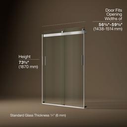 Kohler Levity Sliding Shower Door, 74'' H X 56-5/8 - 59-5/8'' W, with 1/4'' Thick Crystal Clear... - image 3
