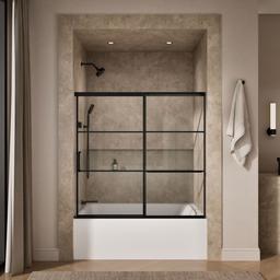 Elate Sliding bath door, 56-3/4'' H x 56-1/4 - 59-5/8'' W, with 1/4'' thick Crystal Clear glass with rectangular grille pattern - Matte Black - image 4