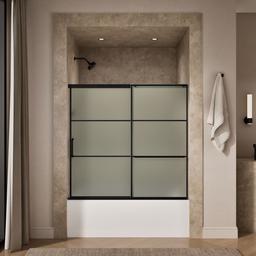Elate Sliding bath door, 56-3/4'' H x 56-1/4 - 59-5/8'' W, with 1/4'' thick Frosted glass with rectangular grille pattern - Matte Black - image 4