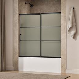Elate Sliding bath door, 56-3/4'' H x 56-1/4 - 59-5/8'' W, with 1/4'' thick Frosted glass with rectangular grille pattern - Matte Black - image 2