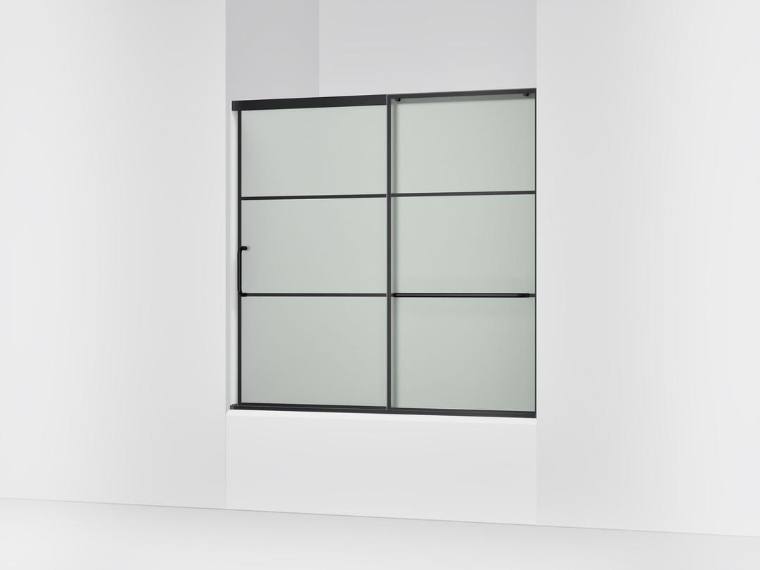 Elate Sliding bath door, 56-3/4'' H x 56-1/4 - 59-5/8'' W, with 1/4'' thick Frosted glass with rectangular grille pattern - Matte Black by Kohler