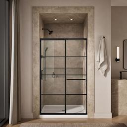 Elate Sliding shower door, 75-1/2'' H x 50-1/4 - 53-5/8'' W, with heavy 5/16'' thick Crystal Clear glass with rectangular grille pattern - Matte Black - image 4