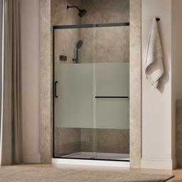 Elate Sliding shower door, 75-1/2'' H x 44-1/4 - 47-5/8'' W, with heavy 5/16'' thick Crystal Clear glass with privacy band - Matte Black - image 2