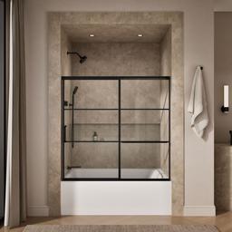 Elate Sliding bath door, 56-3/4'' H x 56-1/4 - 59-5/8'' W with heavy 5/16'' thick Crystal Clear glass with rectangular grille pattern - Matte Black - image 4