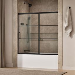 Elate Sliding bath door, 56-3/4'' H x 56-1/4 - 59-5/8'' W with heavy 5/16'' thick Crystal Clear glass with rectangular grille pattern - Matte Black - image 2