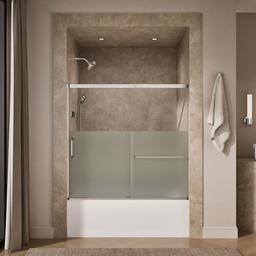 Elate Sliding bath door, 56-3/4'' H x 56-1/4 - 59-5/8'' W with heavy 5/16'' thick Crystal Clear glass with privacy band - Bright Silver - image 4
