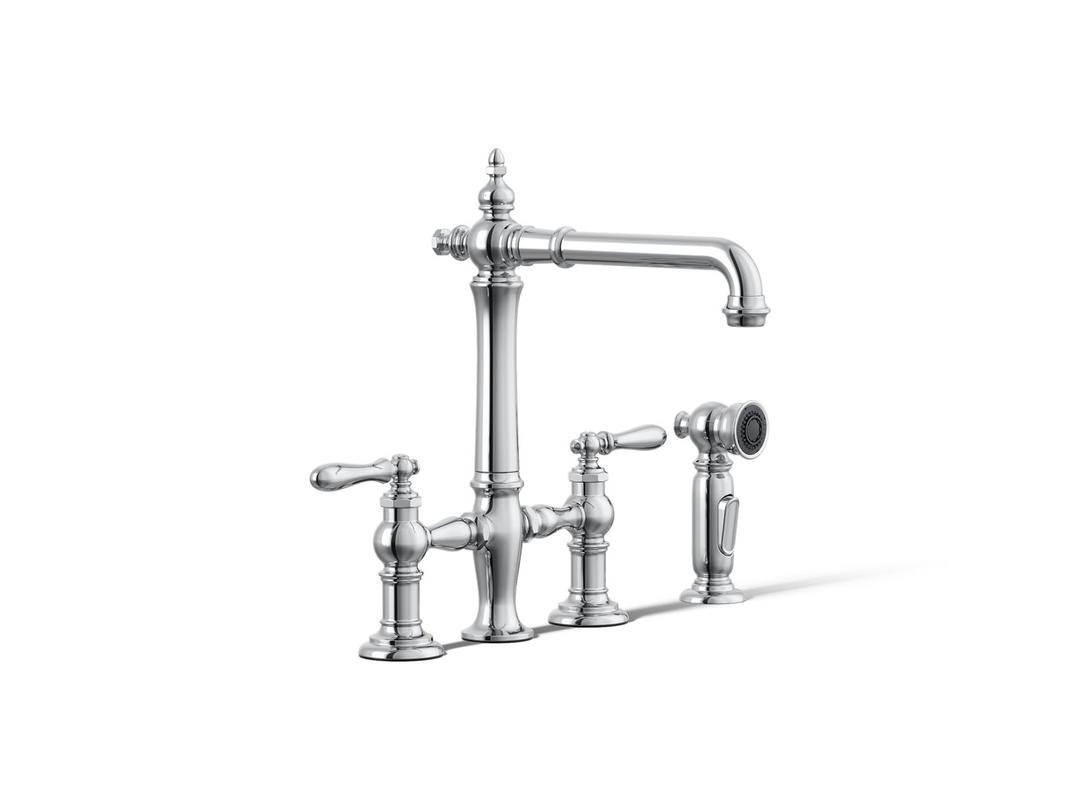Artifacts Two-hole bridge kitchen sink faucet with side sprayer by Kohler