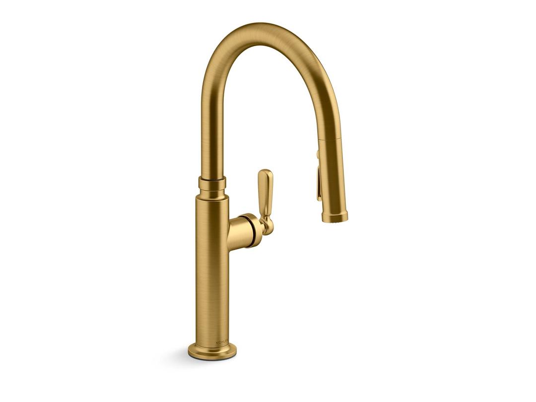 EdalynE by Studio McGee Pull-down kitchen sink faucet with three-function sprayhead - Vibrant Brushed Moderne Brass by Kohler
