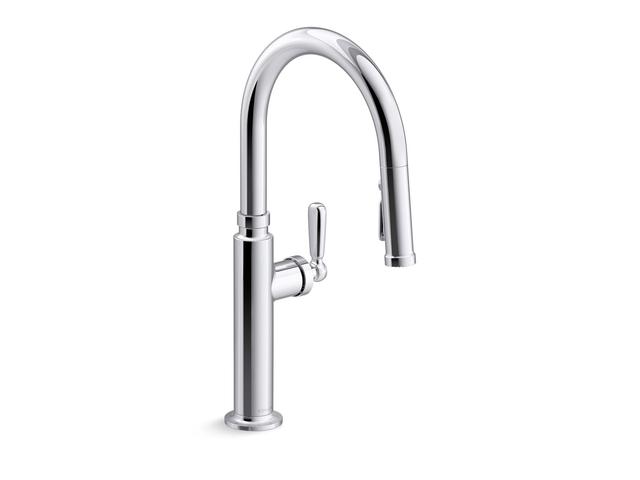Touchless pull-down kitchen sink faucet with three-function sprayhead