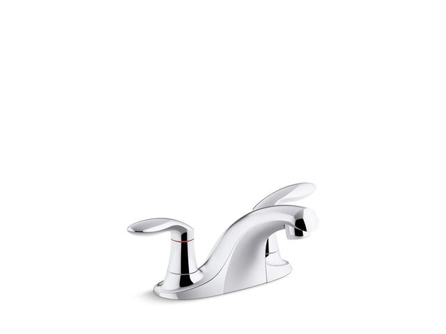 Coralais Two-handle centerset bathroom sink faucet with grid drain, 0.5 gpm vandal-resistant aerator and red/blue indicator