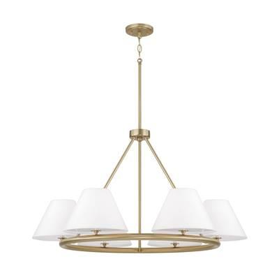 35''W x 19.50''H 6-Light Circular Chandelier in Matte Brass with White Fabric Shades and Glass Diffusers