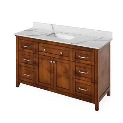 60'' Chocolate Chatham Vanity, Calacatta Vienna Quartz Vanity Top, undermount rectangle bowl