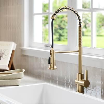 BrittE Commercial Style Pull-Down Single Handle Kitchen Faucet in Spot Free Antique Champagne Bronze by Kraus