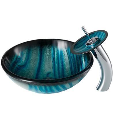Nature SeriesE Blue Glass Bathroom Vessel Sink and Waterfall Faucet Combo Set with Matching Disk and Pop-Up Drain, Chrome Finish by Kraus