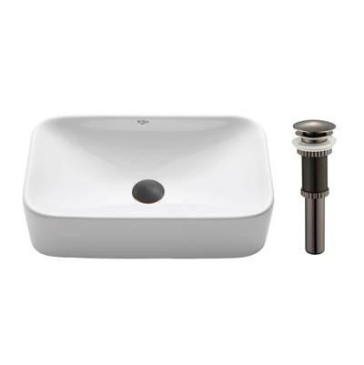 Soft Rectangular Ceramic Vessel Bathroom Sink in White with Pop-Up Drain in Oil Rubbed Bronze by Kraus