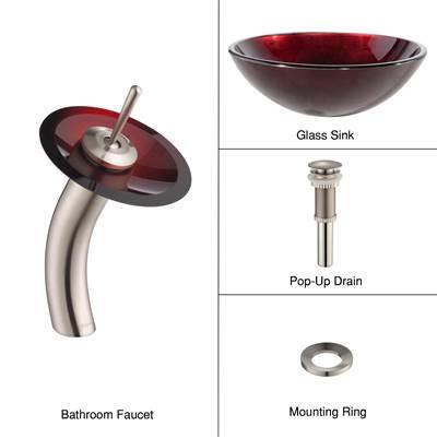 Irruption Glass Vessel Sink in Red with Single Hole Single-Handle Waterfall Faucet in Satin Nickel by Kraus