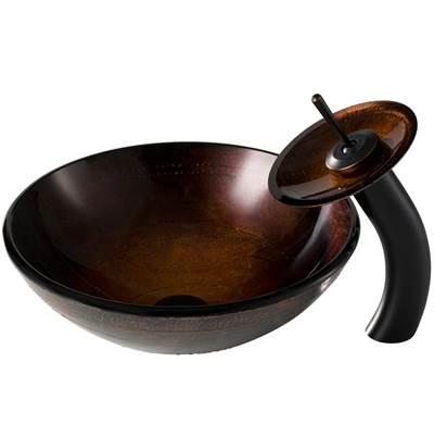 Copper Brown Glass Bathroom Vessel Sink and Waterfall Faucet Combo Set with Matching Disk and Pop-Up Drain, Oil Rubbed Bronze Finish by Kraus