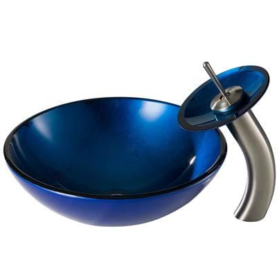 Irruption Blue Glass Bathroom Vessel Sink and Waterfall Faucet Combo Set with Matching Disk and Pop-Up Drain, Satin Nickel Finish by Kraus