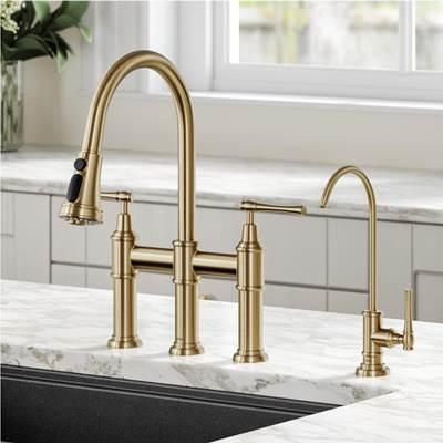AllynE Transitional Bridge Kitchen Faucet and Water Filter Faucet Combo in Brushed Gold by Kraus