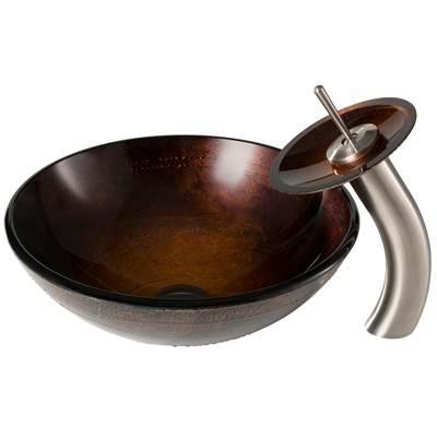 Copper Brown Glass Bathroom Vessel Sink and Waterfall Faucet Combo Set with Matching Disk and Pop-Up Drain, Satin Nickel Finish by Kraus